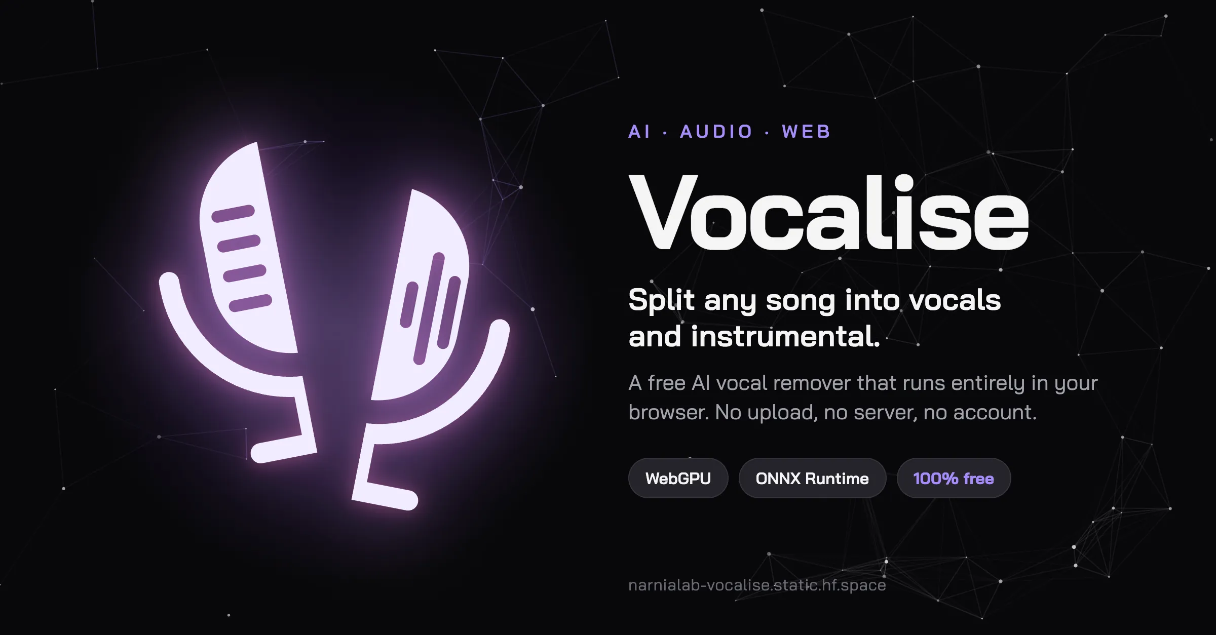 The Vocalise logo, two glowing microphones split apart, next to its tagline “Split any song into vocals and instrumental”